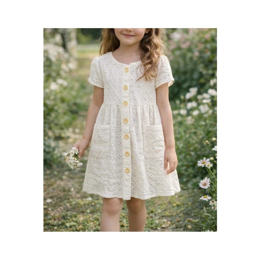 ZARA Kids White Cotton Button Front Eyelet Dress Size 6 Cottagecore Summer